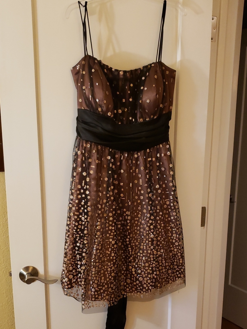 Betsy & Adam Brown Sequin Spaghetti-Strap Cocktail Dress with Black Waist